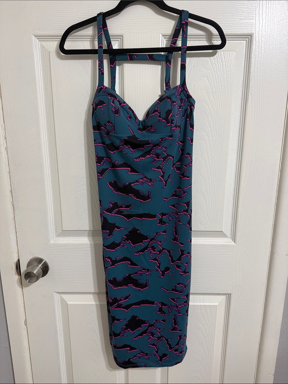 Leith Teal Bodycon Dress w/ Black and Hot Pink Electric Abstract Print